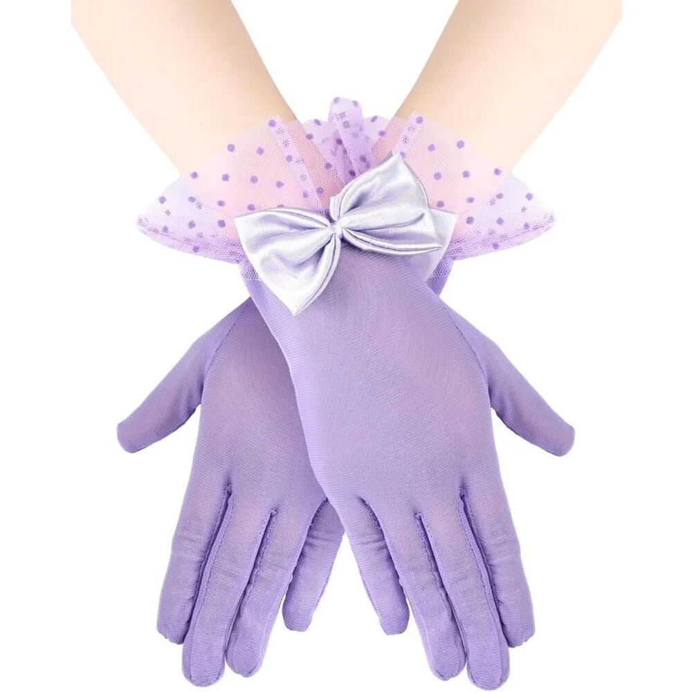 Women's Short Purple Bow Lace Gloves Tea Party Elegant Opera Wedding Accessories